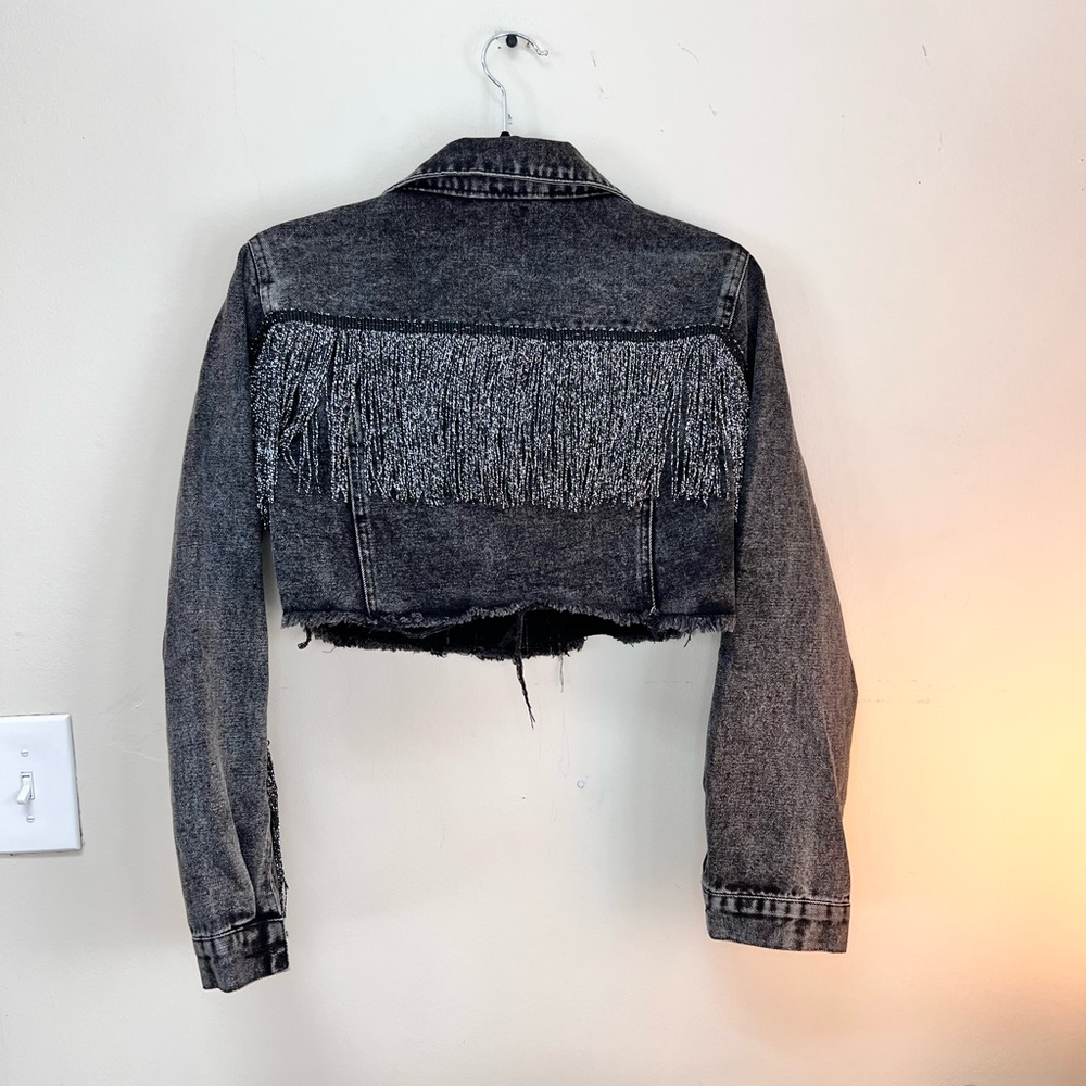Cut off denim jacket with fringe